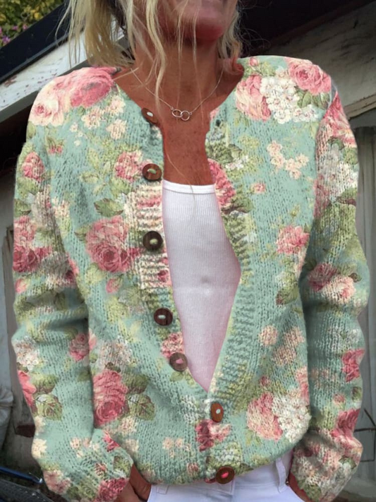 Frisch Retro-Blumenmuster Bedruckter Button-Cardigan-Pullover