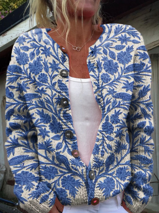 Cardigan-Pullover mit Knopfleiste und indischem Blumen-Vintage-Art-Print