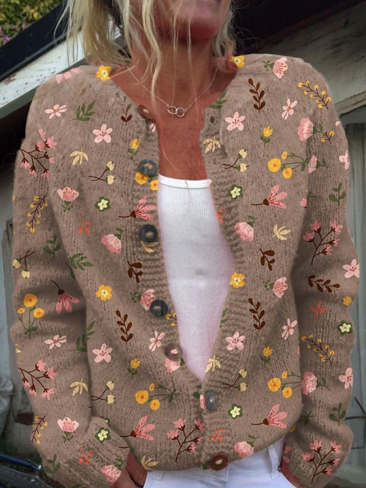 Cardigan-Pullover mit Knopfleiste und Blumenmuster