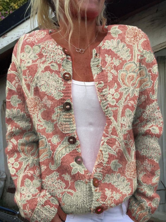 Vintage Handgezeichnetes Blumenmuster Bedruckter Button-Cardigan-Pullover