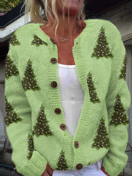 Damen-Cardigan mit Knopfleiste und Weihnachtsbaum-Art-Print