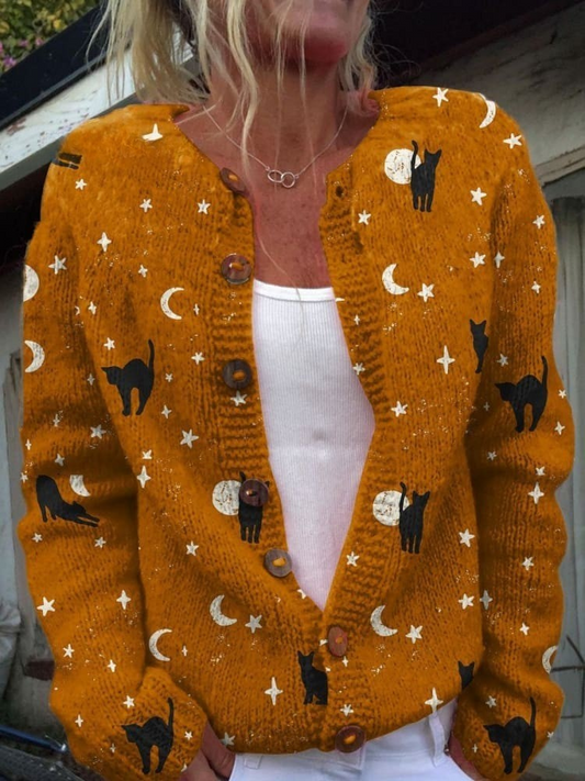 Halloween Schwarze Katze Kunstdruck Button-Cardigan-Pullover