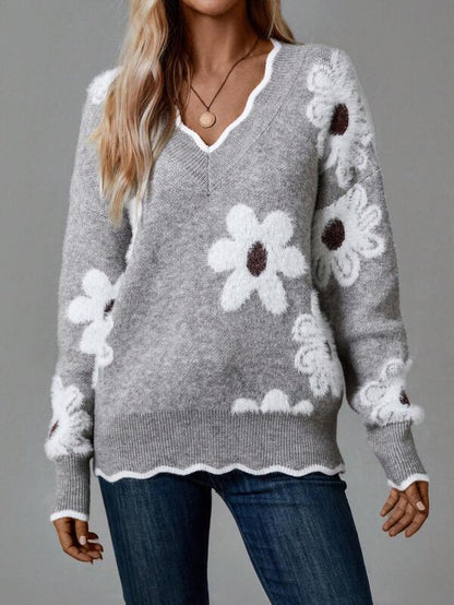THEA | ELEGANTER V-AUSSCHNITT BLUMEN-STRICKPULLOVER