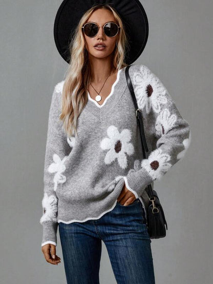 THEA | ELEGANTER V-AUSSCHNITT BLUMEN-STRICKPULLOVER
