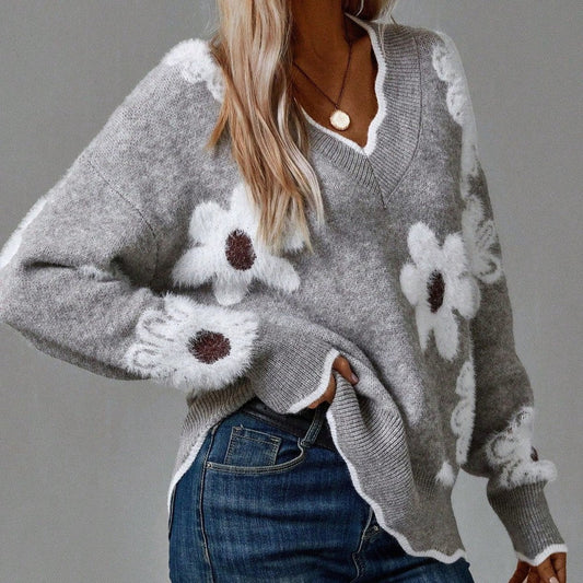 THEA | ELEGANTER V-AUSSCHNITT BLUMEN-STRICKPULLOVER