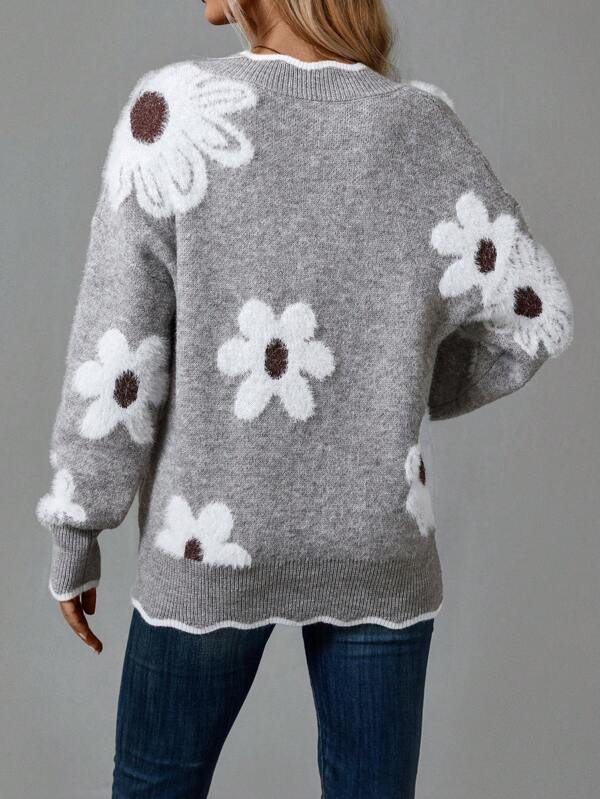 THEA | ELEGANTER V-AUSSCHNITT BLUMEN-STRICKPULLOVER