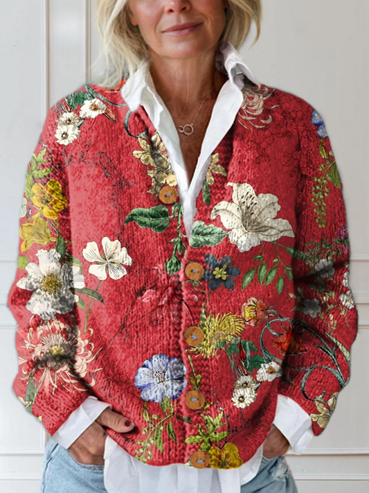 Damen Strickjacke mit Vintage-Blumenmuster und Knopfleiste