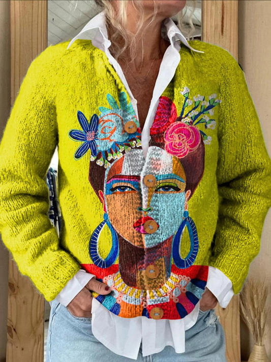 Strickjacke mit Ölgemälde-Frieda-Porträtmotiv und Knopfleiste