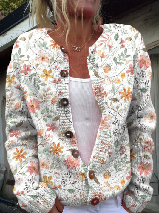 Strickjacke mit niedlichem und frischem Blumenmuster sowie Knopfleiste