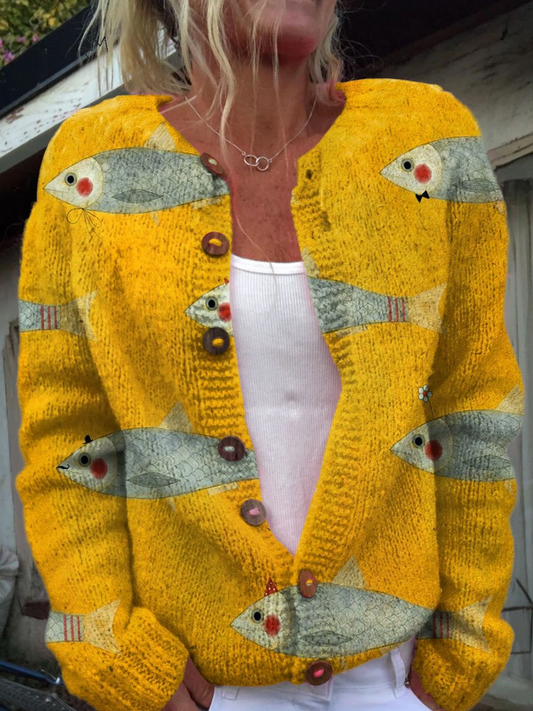 Strickjacke mit Vintage-Sardinen-Kunstmuster und Knopfleiste