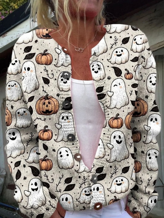 Strickjacke mit lustigem Geister-Halloween-Kunstmuster und Knopfleiste