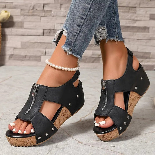HANNA - Stylische Retro-Wedgesandalen mit Reißverschluss