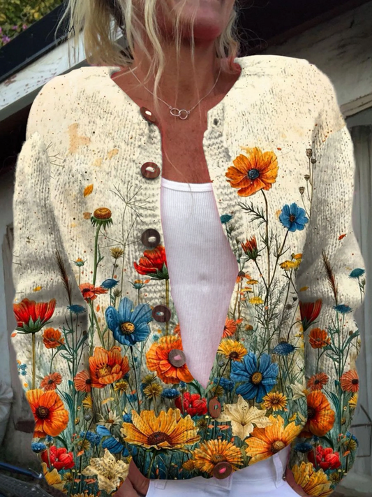 Strickjacke mit Vintage-Blumenmuster und Knopfleiste