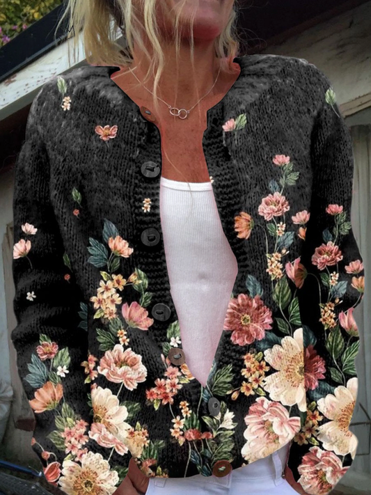 Strickjacke mit Blumenmuster und Knopfleiste – Lässiger Stil