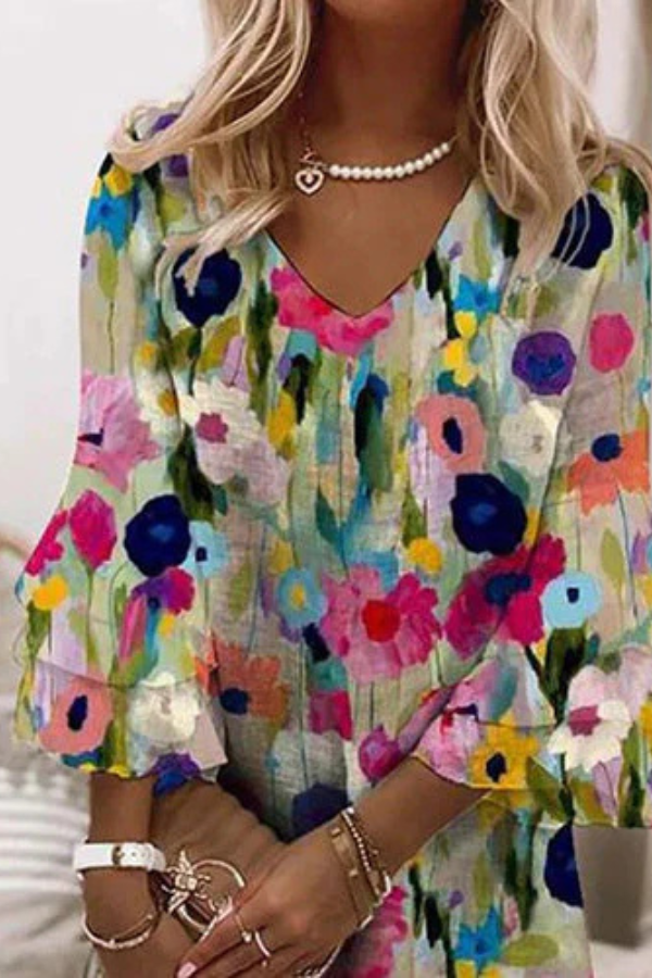 Tabitha - Romantisches Blumenmuster V-Ausschnitt Mini-Kleid