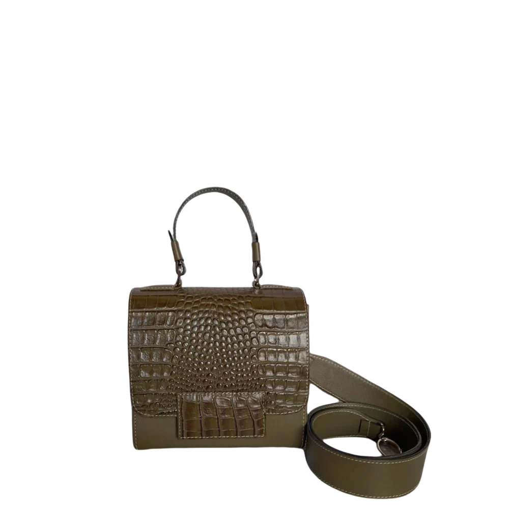 Damen-Lederhandtasche von Elizabeth Glavial in Olivgrün