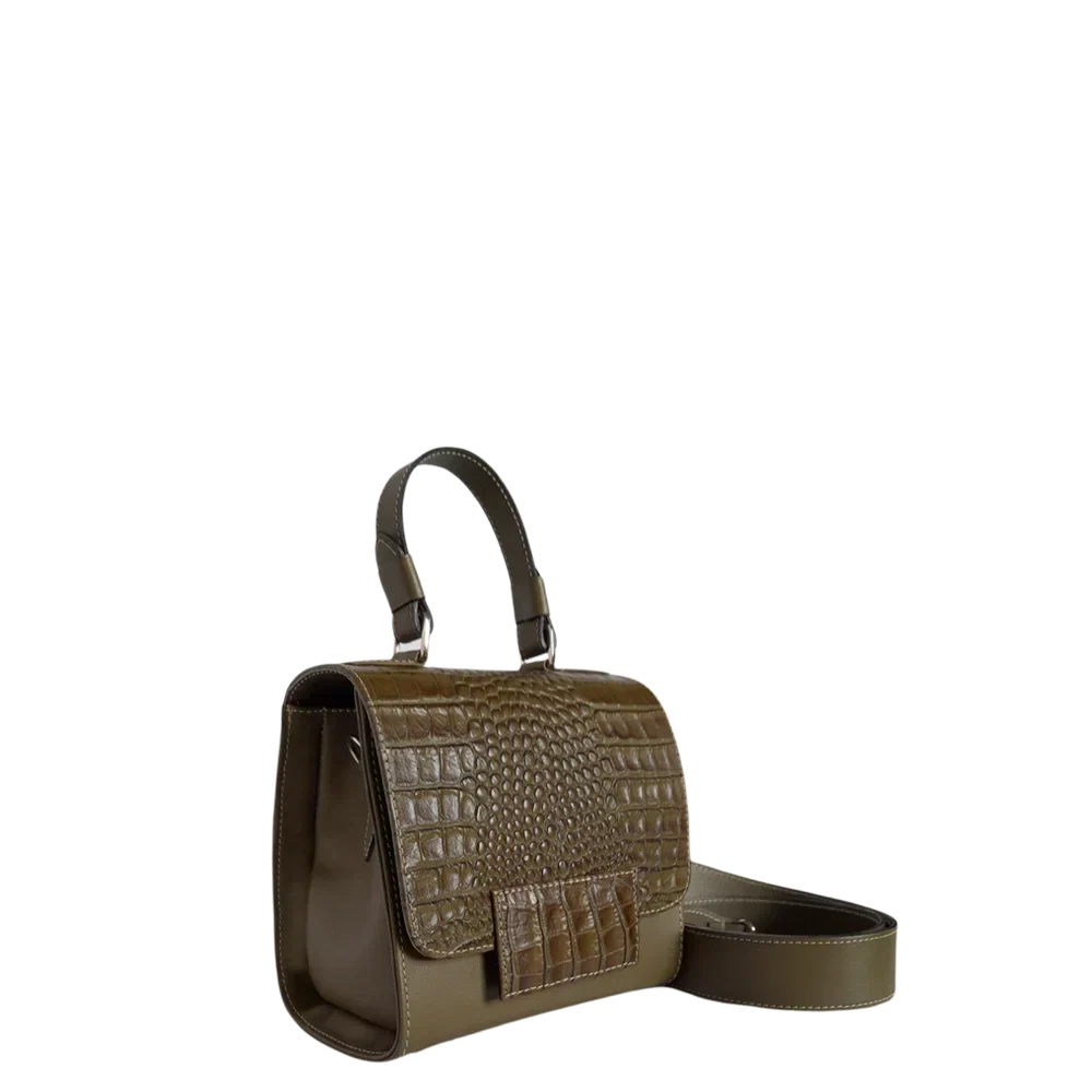 Damen-Lederhandtasche von Elizabeth Glavial in Olivgrün