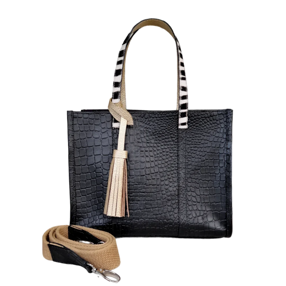 Greta Reptil Schwarz Leder Damen Handtasche