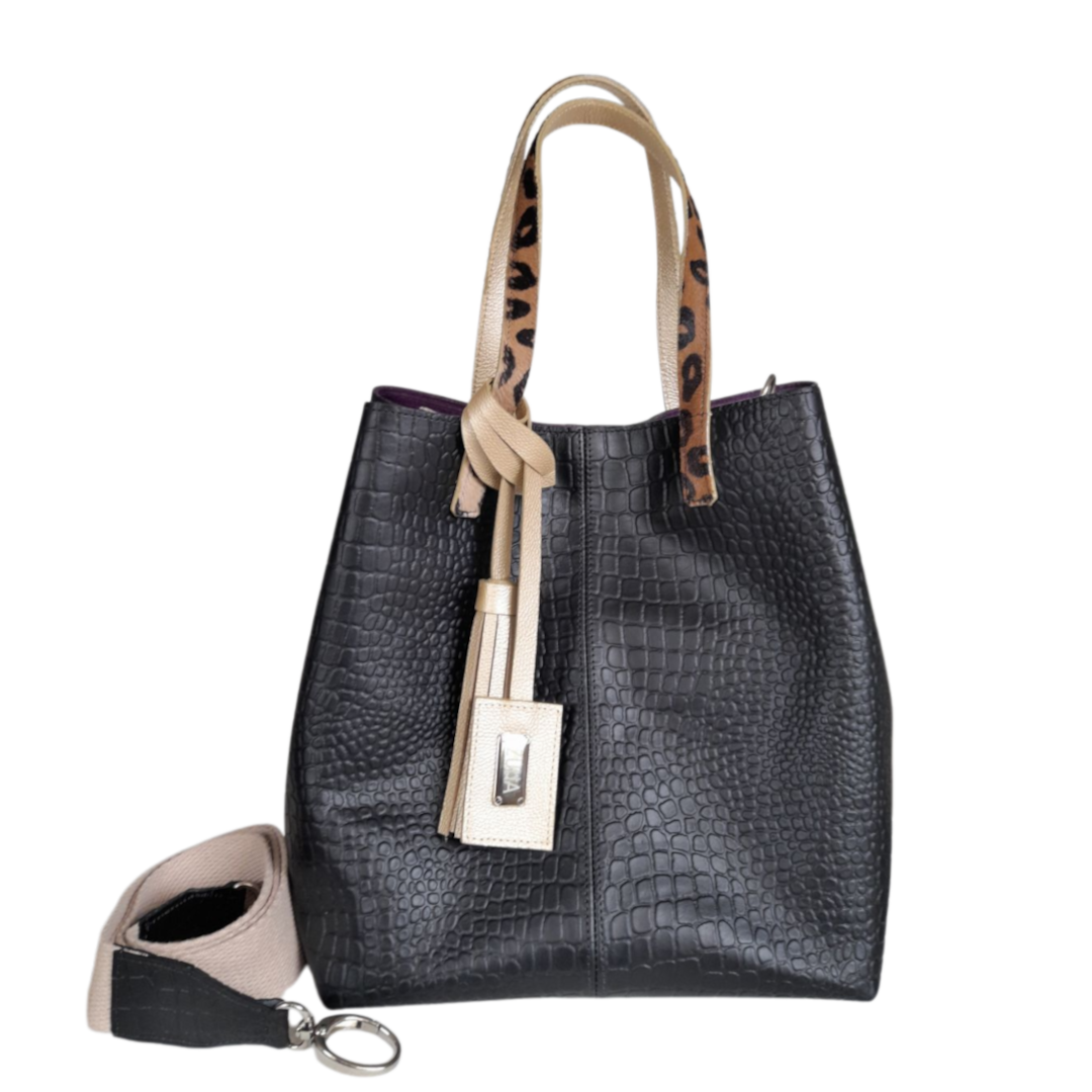 Giulia Reptil schwarze Lederhandtasche für Frauen