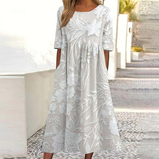 Dovie - Zeitloses Langes Blumenkleid mit 3/4-Ärmeln