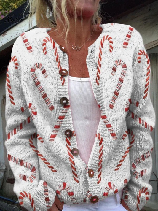 Strickjacke mit festlichem Zuckerstangen-Dekormuster und Knopfleiste