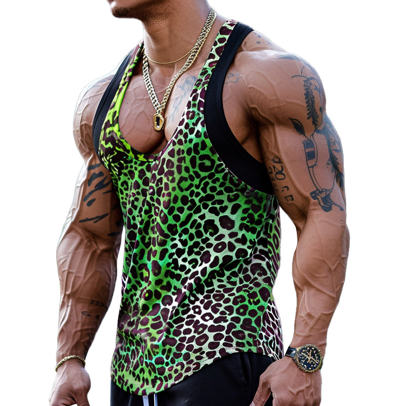 Herren Sexy U-Ausschnitt Tanktop mit Leopardenmuster aus Baumwollmischung und Patchwork 03756297M