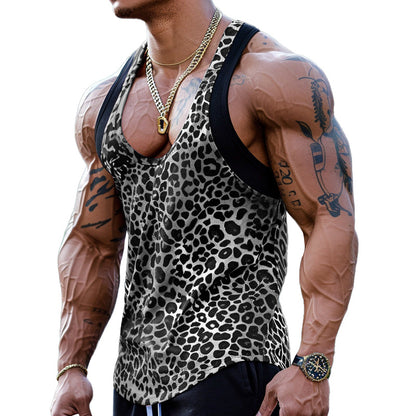 Herren Sexy U-Ausschnitt Tanktop mit Leopardenmuster aus Baumwollmischung und Patchwork 03756297M
