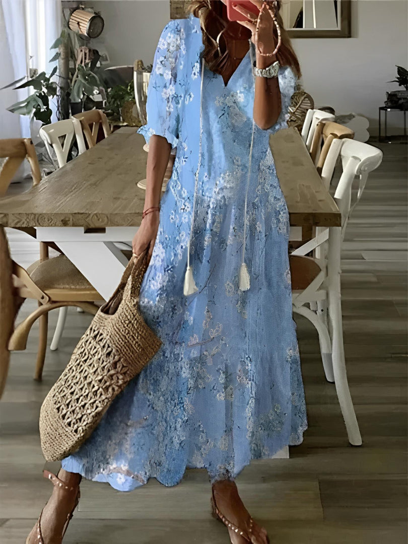 Andrea - Boho Vintage V-Ausschnitt Bedrucktes Kleid