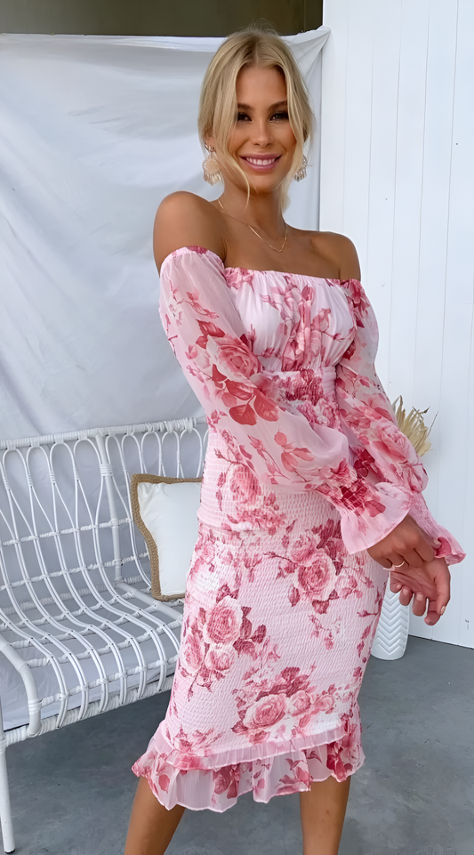 Nadia - Floral Off-Shoulder Kleid mit geraffter Taille Midi
