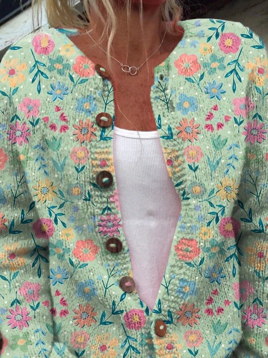 Strickjacke mit Sommerwiesen-Blumenmuster und Knopfleiste