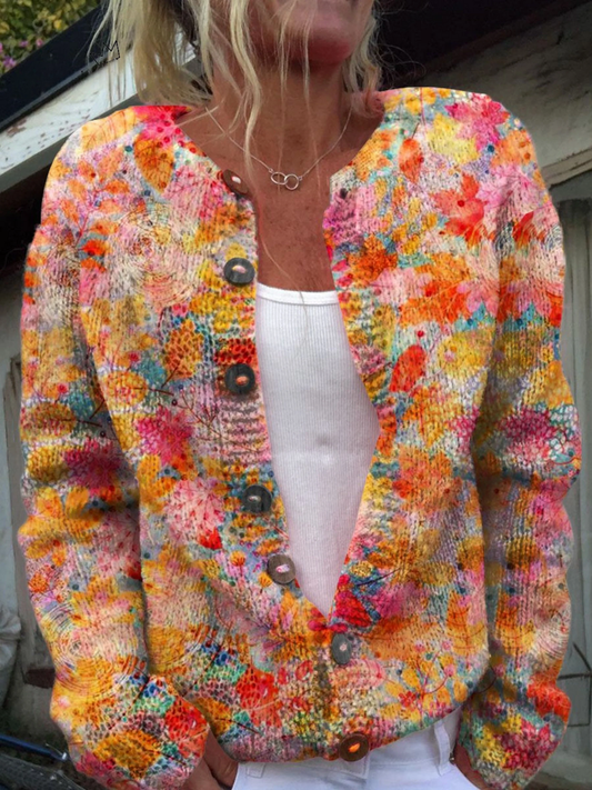 Strickjacke mit Blumenmuster und Knopfleiste – Lässiger Stil