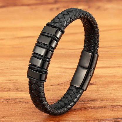 Venetulon Braided Leather Bracelet – Black Rope & Steel Magnetic Clasp for Men