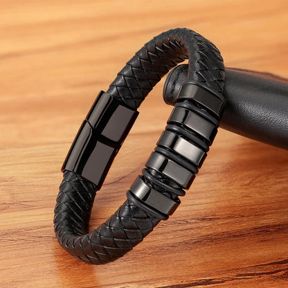 Venetulon Braided Leather Bracelet – Black Rope & Steel Magnetic Clasp for Men
