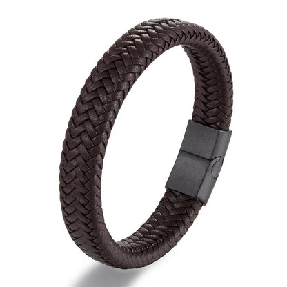 Vortex Braided Leather Bracelet – Punk Style with Black Stainless Steel Magnetic Clasp, Bold Woven Design for Men