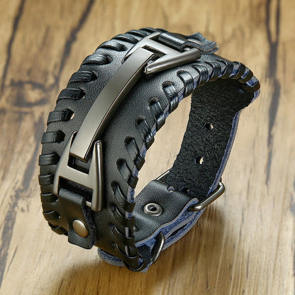 Viking Leder-Wickelarmband für Herren – Rock-Punk-Stil mit Kompass-Anhänger, verstellbare Länge, stylischer Armschmuck