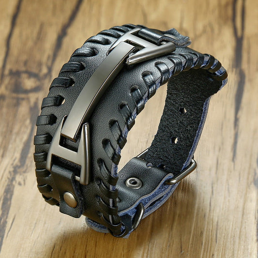 Viking Leder-Wickelarmband für Herren – Rock-Punk-Stil mit Kompass-Anhänger, verstellbare Länge, stylischer Armschmuck