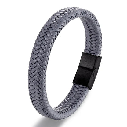 Vortex Braided Leather Bracelet – Punk Style with Black Stainless Steel Magnetic Clasp, Bold Woven Design for Men