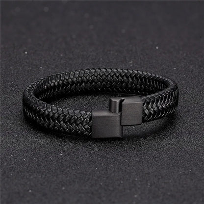 Vortex Braided Leather Bracelet – Punk Style with Black Stainless Steel Magnetic Clasp, Bold Woven Design for Men