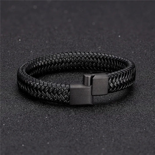Vortex Braided Leather Bracelet – Punk Style with Black Stainless Steel Magnetic Clasp, Bold Woven Design for Men