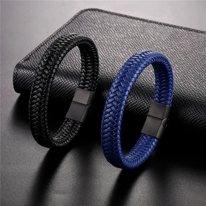 Vortex Braided Leather Bracelet – Punk Style with Black Stainless Steel Magnetic Clasp, Bold Woven Design for Men
