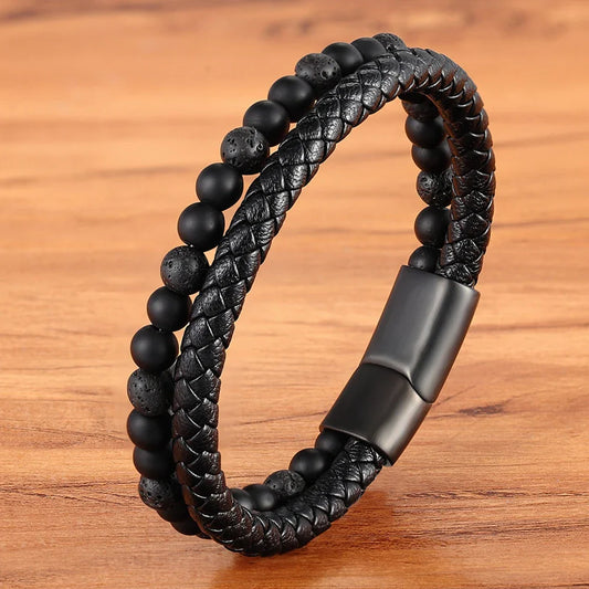 Valentia Natural Stone & Leather Bracelet – Double Layer with Stainless Steel Magnetic Clasp