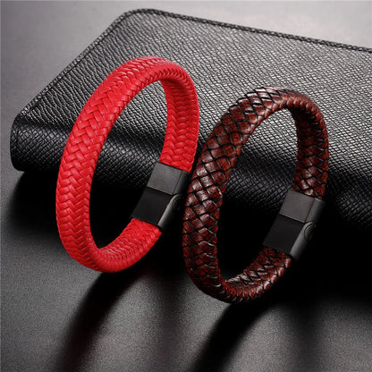 Vortex Braided Leather Bracelet – Punk Style with Black Stainless Steel Magnetic Clasp, Bold Woven Design for Men