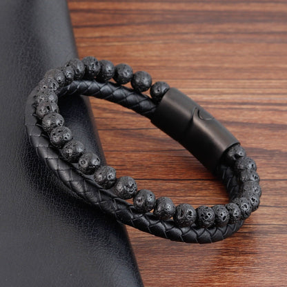 Outrigger Punk Leder- und Steinarmband für Herren – Mehrlagige Perlen mit magnetischem Edelstahlverschluss