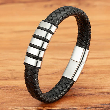 Venetulon Braided Leather Bracelet – Black Rope & Steel Magnetic Clasp for Men