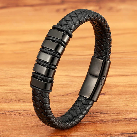 Venetulon Braided Leather Bracelet – Black Rope & Steel Magnetic Clasp for Men