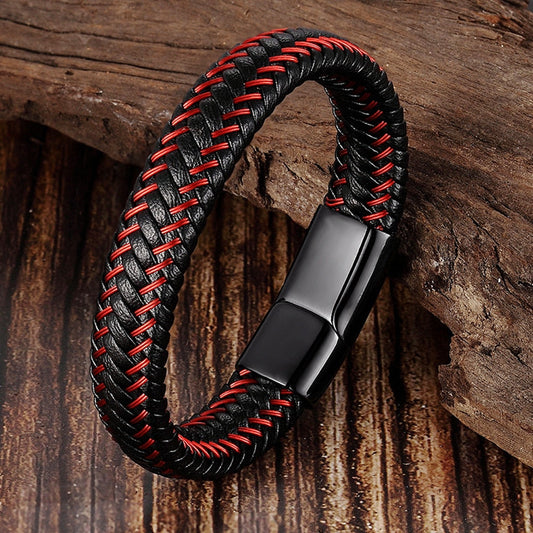 Korallenrotes geflochtenes Lederarmband – Herren-Edelstahl-Seildesign