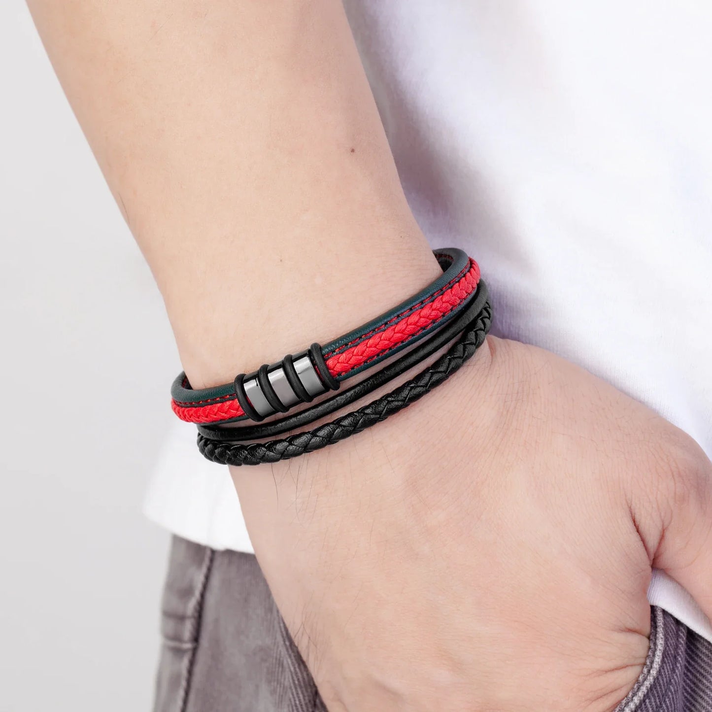 Lutetia Interlocking Couple Bracelet – 316L Stainless Steel & Leather Rope Classic Unisex