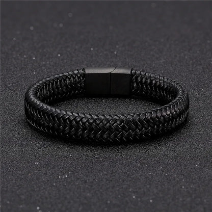 Vortex Braided Leather Bracelet – Punk Style with Black Stainless Steel Magnetic Clasp, Bold Woven Design for Men