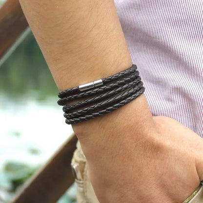 Leather Link Nero Bracelet – Black Retro Wrap Bracelet for Men with 5 Laps, Sporty Chain Link Style and Fashionable Leather Design