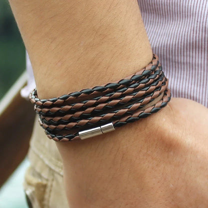 Leather Link Nero Bracelet – Black Retro Wrap Bracelet for Men with 5 Laps, Sporty Chain Link Style and Fashionable Leather Design